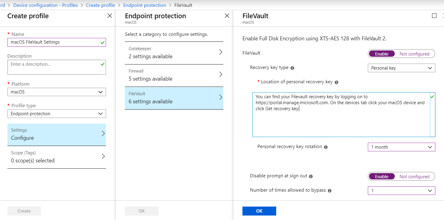 FileVault settings configuration